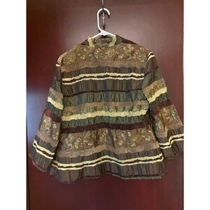 Vintage patchworkjas in bruin, groen en goud met bloemenprint, maat 16. afbeelding 2