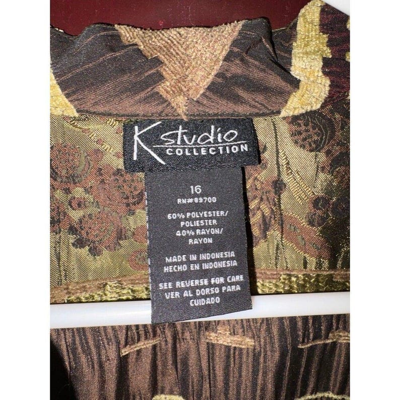 Vintage patchworkjas in bruin, groen en goud met bloemenprint, maat 16. afbeelding 6