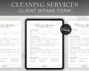May include: A black and white printable cleaning services client intake form with sections for client information, property information, cleaning requirements, and additional services. The form is designed to be edited in Canva.