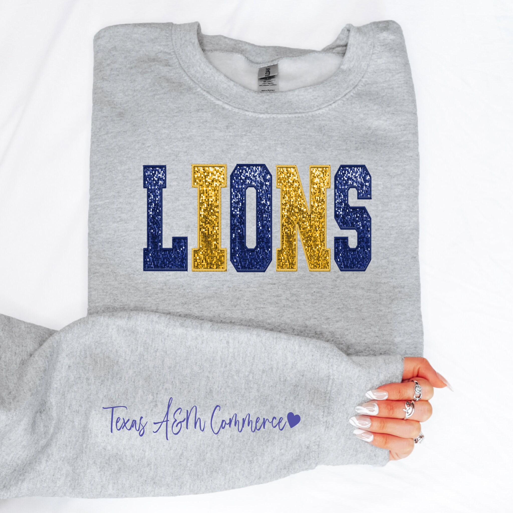TAMU Commerce Lions Texas A M Sweatshirt Faux Sequin Embroidery DTF TAMU Commerce Lions Texas A M Sweatshirt Faux Sequin Embroidery DTF