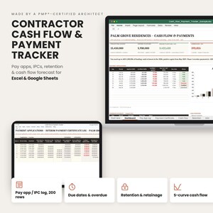 Contractor Cash Flow Forecast, Construction Payment Application Tracker, Interim Payment Certificate Log, Retention, Excel & Google Sheets