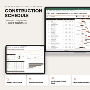 Construction Schedule Template, Gantt Chart Programme with Baseline vs Actual, Milestones, Critical Activities, Excel & Google Sheets, PMP