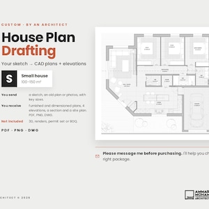 May include: A digital graphic for house plan drafting services. It features the text House Plan Drafting, a small house icon, and a detailed black and white floor plan layout. The graphic lists service details, file formats like PDF, PNG, and DWG, and includes the architect's name, Ammar Mohamed Elyess, at the bottom right corner.