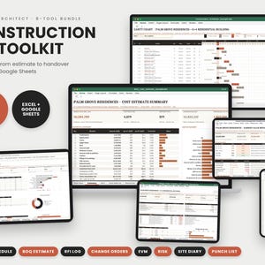 Construction Project Management Toolkit, 8 Templates, RFI Log, Change Orders, EVM, Gantt Schedule, BOQ, Risk Register, Excel & Google Sheets