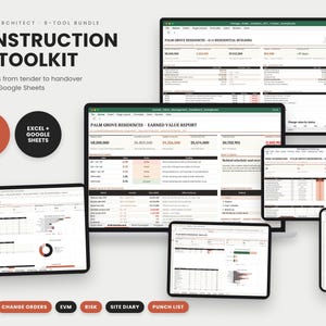 Construction Project Management Toolkit, RFI Log, Change Order Tracker, EVM Dashboard, Risk Register, Snag List, Excel & Google Sheets
