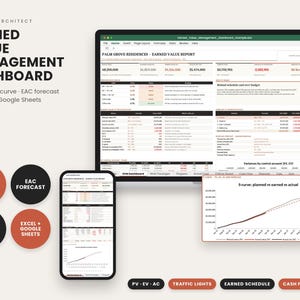 Earned Value Management Dashboard, Construction Cost Control Spreadsheet, CPI SPI S-Curve Forecast, Excel & Google Sheets, PMP Template