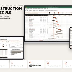 Puede incluir: Una plantilla digital de cronograma de construcción para Excel y Google Sheets mostrada en una computadora portátil, tableta y teléfono inteligente. Las pantallas muestran diagramas de Gantt, paneles de control y curvas S.