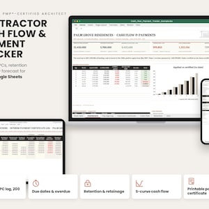 May include: A digital contractor cash flow and payment tracker template for Excel and Google Sheets. The display shows a dashboard with financial data, payment logs, and charts on a laptop, tablet, and smartphone screen with text labels.