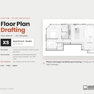 Op de afbeelding: Een plattegrond tekenservice voor een XS appartement of studio tot 100 vierkante meter. De afbeelding toont de tekst Floor Plan Drafting, een voorbeeld van een architecturale indeling en het proces van schetsen naar 2D CAD-plannen.