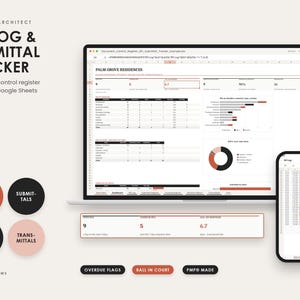 May include: A digital RFI log and submittal tracker template for Excel and Google Sheets displayed on a laptop and smartphone screen. The interface features data tables, bar charts, and pie charts with text labels including RFI LOG, SUBMITTAL TRACKER, and PALM GROVE RESIDENCES, using a color palette of black, white, and terracotta orange.