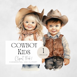 Cowboy en meisje clipart, babyjongen cowboy clipart | ENKELE AFBEELDING | Schattige kleine western-illustraties, Wild West Country, kinderkamerdecoratie,