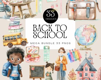 Imágenes prediseñadas de útiles escolares lindos, imágenes prediseñadas para niños y maestros, autobús, mochila, ilustraciones de niños y niñas negros, gráficos educativos y de aula,