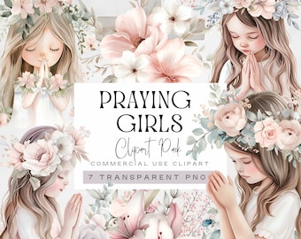 Praying Clipart, Girl Saying Prayers Graphics, Pink First Holy Communion png, 1st Communion Graphics for Invite, Religious illustrations