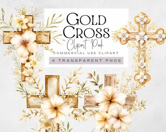 Holy Cross Clipart, Religious Easter Clip Art, Gold First Holy Communion Graphics, Catholic Baptism png, Watercolor Christian Illustration,