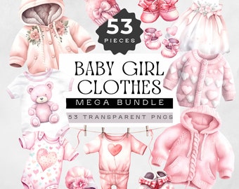 Clipart babymeisje kleding, roze babyshower illustraties, aquarel decor kinderkamer, schattige pasgeboren kleding pngs, rompertje, eerste verjaardag