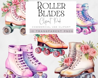 Roller Skates Clipart, Floral Boots Clip Art, Skater Girl Graphics, Rollerskating images, I Love 80s Party illustrations, Retro Blades png