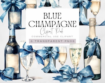 Champagne Bottle and Glass Clipart, Blue & Gold Engagement or Anniversary Celebration Graphics, Male Birthday png, Fathers Day illustrations