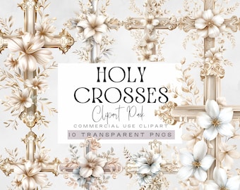 Holy Cross Clipart, Religious Easter Clip Art, Gold First Holy Communion Graphics, Catholic Baptism png, Watercolor Christian Illustration,