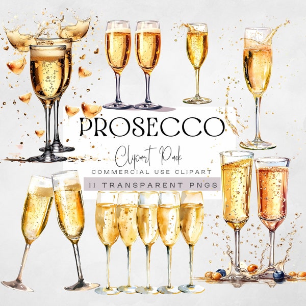 Prosecco Clipart, Champagne Glasses, Watercolor Wedding Fizz Graphics, Alcohol Clip Art, Cocktails png, Bridal Party Celebration images,