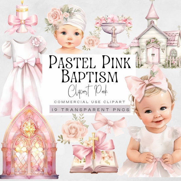 Pastel Pink Baptism Clipart,  Watercolor Baby Girls Christening Dress Clip Art, Religious Graphics, Bible png, Toddler, Stained Glass Window