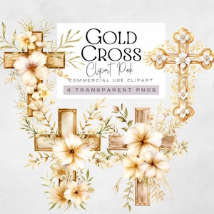 Heiliges Kreuz Clipart, religiöse Ostern Clip Art, goldene erste heilige Kommunion Grafiken, katholische Taufe png, Aquarell christliche Illustration,