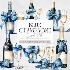 Clipart di bottiglia di champagne e vetro, grafica di fidanzamento blu e oro o celebrazione dell'anniversario, png di compleanno maschile, illustrazioni della festa del papà