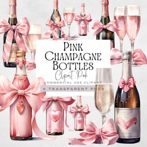 Roze champagnefles-clipart | ENKELE AFBEELDING | Bruiloft champagnefles graphics, roze verjaardag png, illustraties bruidsfeesten,