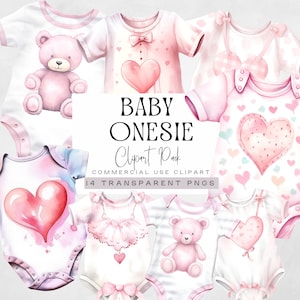 Aquarell Baby Kleidung Clipart, rosa Neugeborenes Mädchen png, kleines süßes Herz Baby Shower Grafiken, Schatz Clip Art, Teddy Bär Strampler png