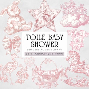 Toile de jouy baby shower clipart, stoffige pastelroze chinoiserie pngs, aquarel baby onderweg graphics, bloemen kinderkamer clip art afbeeldingen
