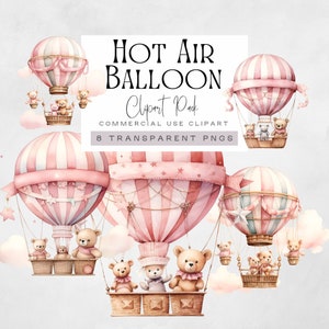 Heteluchtballon clipart voor babyshower, Pink Flying Bear Graphics, It's a Girl png, reizen, kwekerij aquarel teddybeer, commercieel gebruik