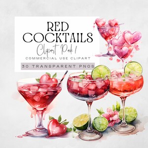 Clipart cocktail di San Valentino, bevande natalizie ad acquerello, grafica del menu del bar, bevande alcoliche di Natale, cocktail esclusivo rosa e rosso,