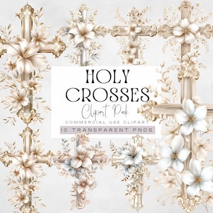 Heiliges Kreuz Clipart, religiöse Ostern Clip Art, goldene erste heilige Kommunion Grafiken, katholische Taufe png, Aquarell christliche Illustration,