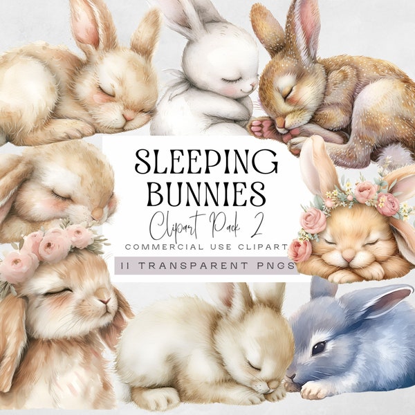 Sleeping Bunny Clipart, Cute Rabbit Asleep, Sweet Dreams png, Nursery Graphics, Card Making, Sleeping Animals, Watercolor Baby Shower pngs