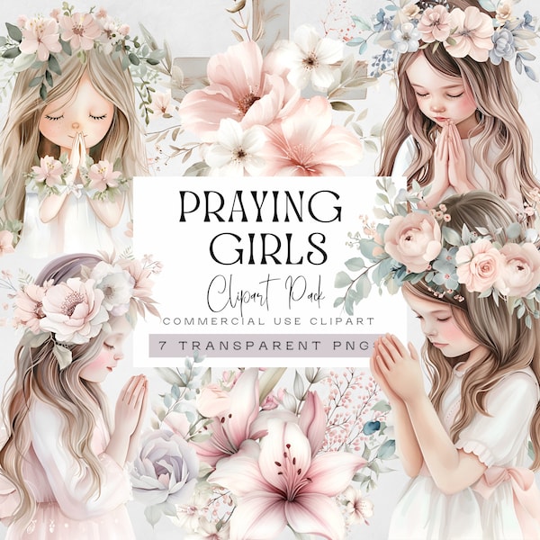 Praying Clipart, Girl Saying Prayers Graphics, Pink First Holy Communion png, 1st Communion Graphics for Invite, Religious illustrations