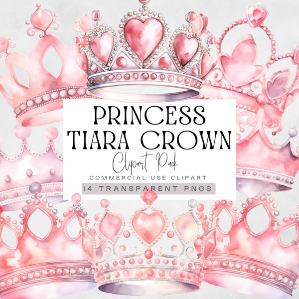 Crown Tiara Clipart, Pink Watercolor Tiaras Clip Art, Royal Baby Shower illustrations, Heart Crowns png, Princess Graphics, Wedding Clipart