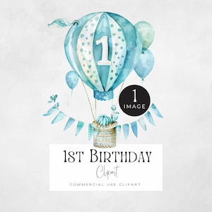 Clipart mongolfiera blu per il primo compleanno, / IMMAGINE SINGOLA / palloncino per il 1° compleanno png, grafica per invito a una festa per ragazzi di un anno,