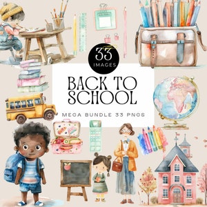 Imágenes prediseñadas de útiles escolares lindos, imágenes prediseñadas para niños y maestros, autobús, mochila, ilustraciones de niños y niñas negros, gráficos educativos y de aula,