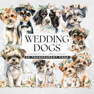 Hochzeit Hund Clipart, Clip Art Aquarell Blumen Haustier Portrait, Braut & Bräutigam Hunde mit Fliege Grafiken, Tier Illustrationen, kommerzielle Nutzung
