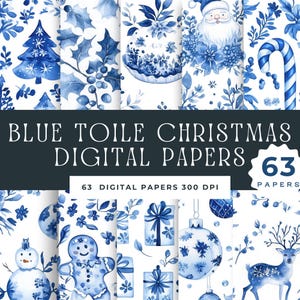 Weihnachts-Toile, digitales Papier, französische blaue Chinoiserie-Muster, Winter Toile De Jouy nahtlose Hintergründe, Geschenke, Weihnachtsmann, Bäume, Pudding