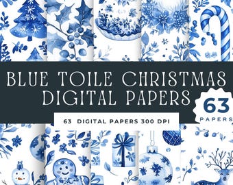 Christmas Toile Digital Paper, French Blue Chinoiserie Patterns, Winter Toile De Jouy Seemless Backgrounds, Presents, Santa, Trees, Puddings