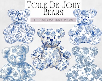 Clipart toile de jouy-beer, babyblauwe bloemen chinoiserie pngs, schattige aquarel kinderkamer teddy illustraties, voor babyshower decoraties