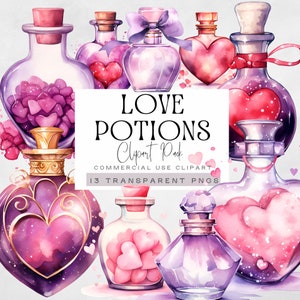 Clipart bouteille de philtre d'amour, clipart aquarelle Saint-Valentin, sorts de potion magique, sorcellerie png, graphiques poison, bouteilles de parfum romantique