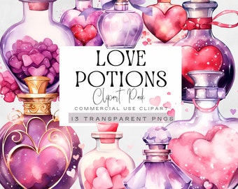Love Potion Bottle Clipart, Watercolor Valentines Clip Art, Magic Potion Spells, Witchcraft png, Poison Graphics, Romantic Perfume Bottles