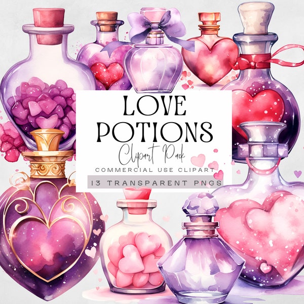 Love Potion Bottle Clipart, Watercolor Valentines Clip Art, Magic Potion Spells, Witchcraft png, Poison Graphics, Romantic Perfume Bottles