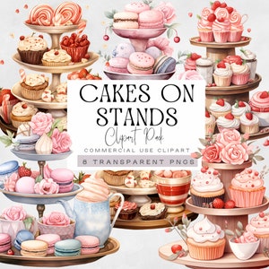 ケーキスタンドのクリップアート、ベーキング png、メレンゲのクリップアート、ベーカリーのグラフィック、カップケーキ、水彩画のバースデーケーキ、デザートのイラスト、ピンク