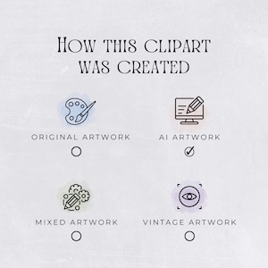 May include: A graphic showing how clipart is created.  The options are original artwork, AI artwork, mixed artwork, and vintage artwork.  AI artwork is selected.