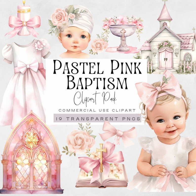 May include: Pastel pink baptism clipart pack with 19 transparent PNG files. Includes images of a baby girl, a church, a cross, a bible, a baptismal font, a candle, a dress, and flowers.