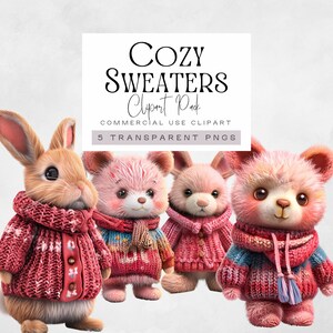 Clipart aquarelle pull confortable, clipart météo automne pull, animaux mignons dans des illustrations de pulls tricotés, vêtements de saison automne pngs