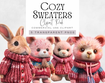 Cozy Sweater Watercolor Clipart, Autumn Jumper Weather Clip Art,  Cute Animals in  Knitted Jumpers illustrations, Fall Season Clothes pngs