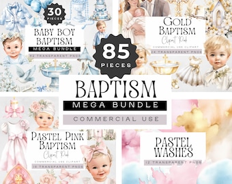 Baby Boy and Girl Baptism Clipart, MEGA BUNDLE, Religious Clip Art, Christening Graphics, Catholic Illustrations, Pastel Watercolor Washes
